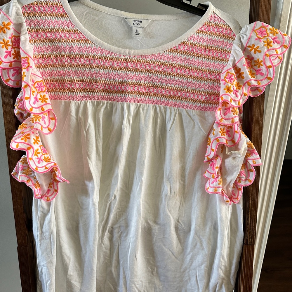 Crown & Ivy White Top with Pink and Gold Embroidery